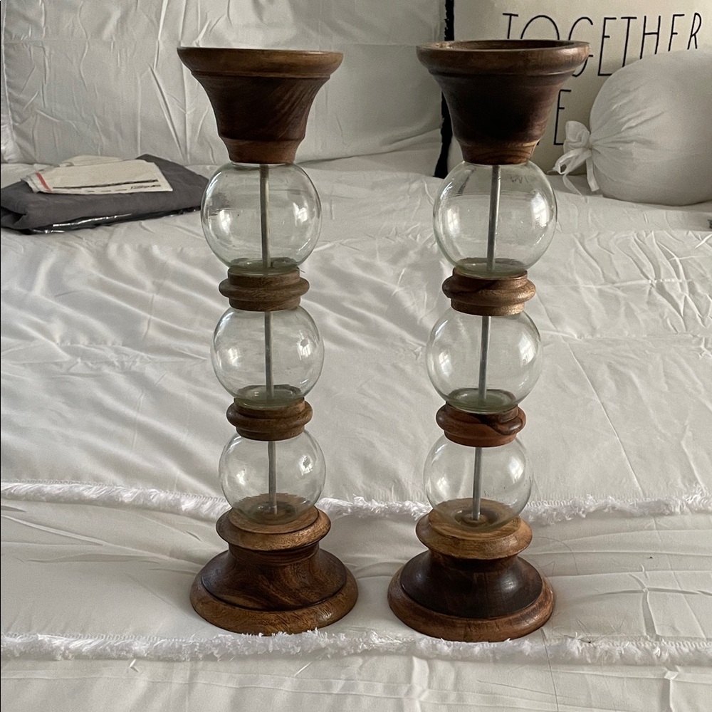 Elegant Wooden and Glass Candle Holders